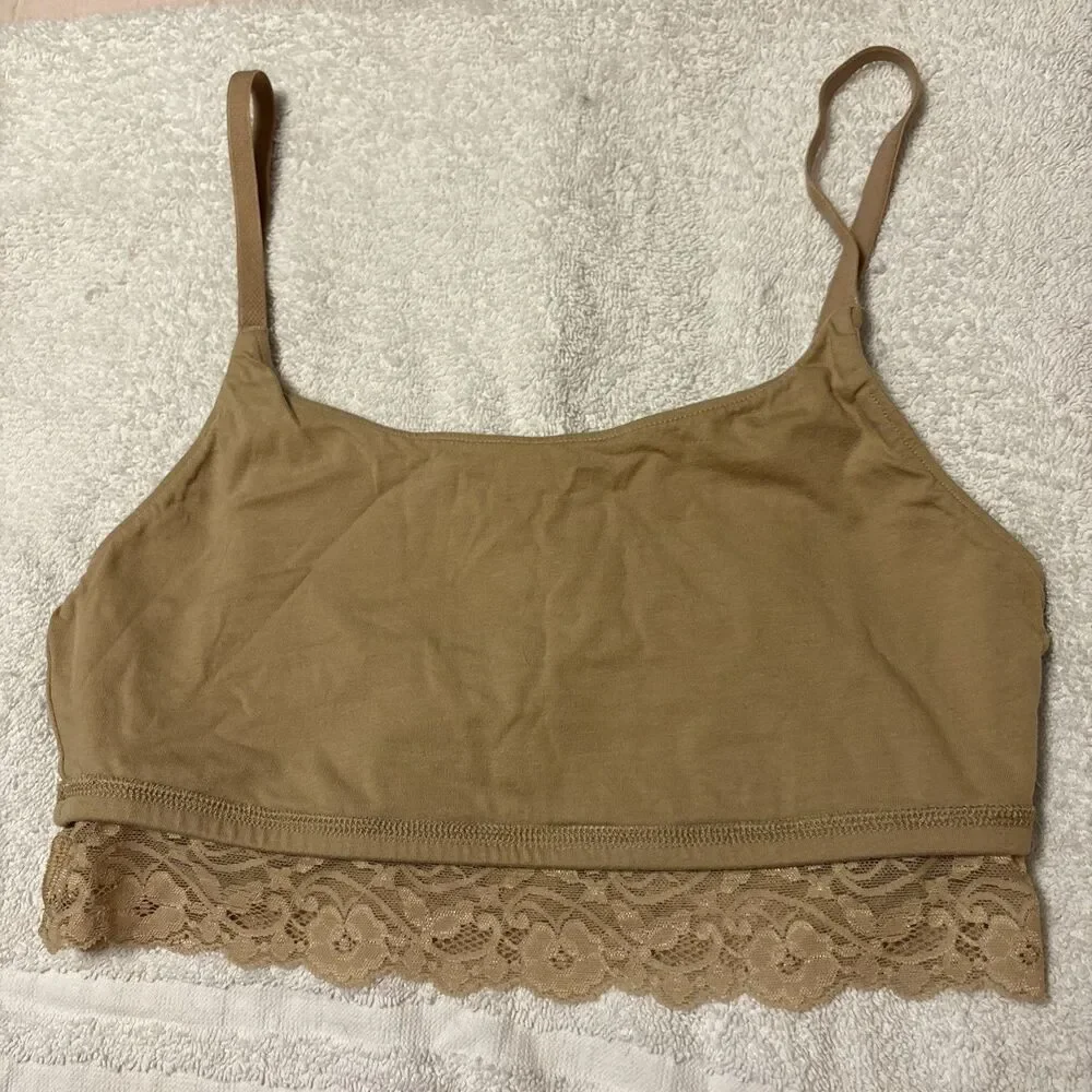 Pact Women's Organic Sustainable Cotton Lace Trim Bralette Beige Nude Comfy Sz M